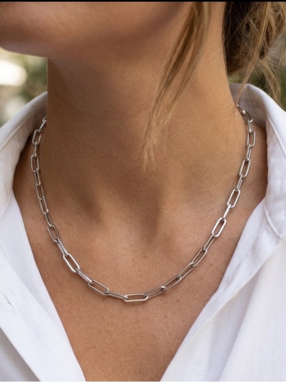 Silver Plated Paper Clip Chain Trendy Necklace Stainless Steel Womens Jewelry